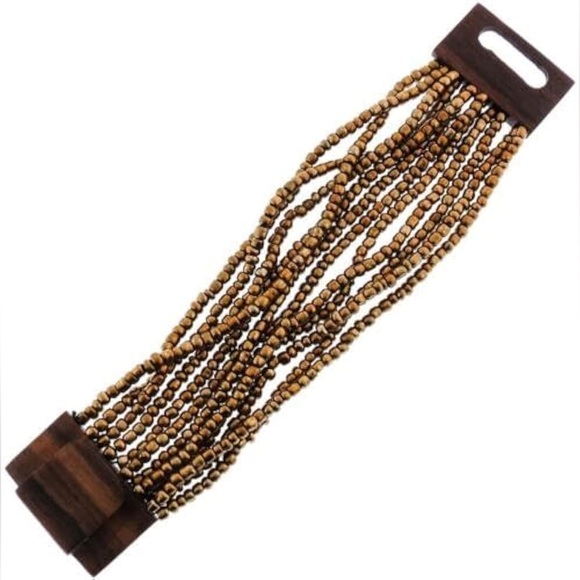 Wood Buckle Brass Cognac Gold Toned Colored Seed Beads Stretch Bracelet - Picture 2 of 2